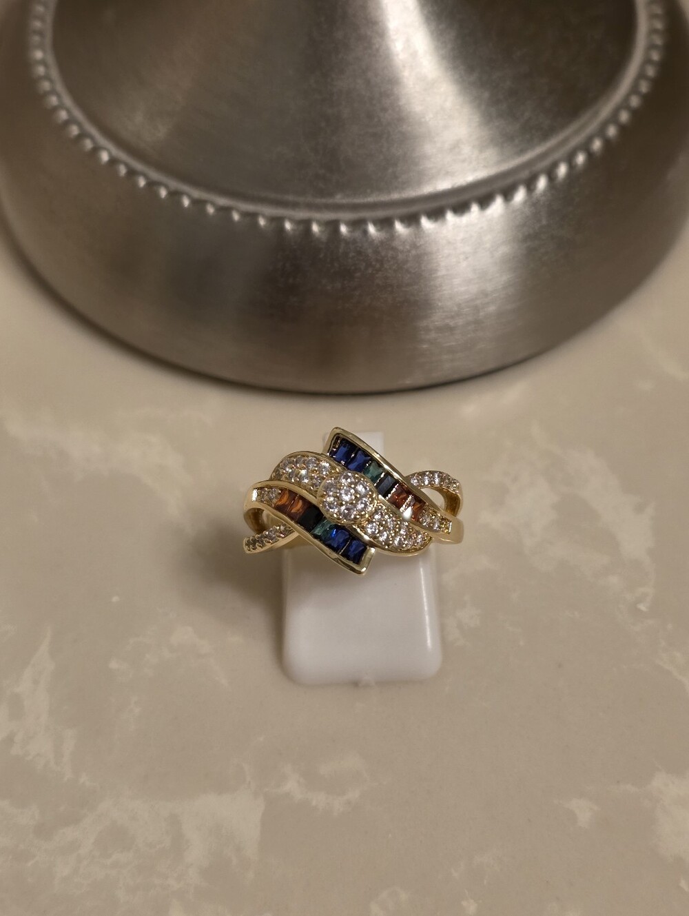 Gold CZ and Multicolored Jeweled Ring Size 7.5